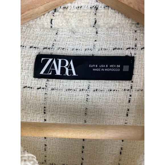 Zara Women's S Cream Black Woven Raw Hem Button Up Shacket - Picture 4 of 6